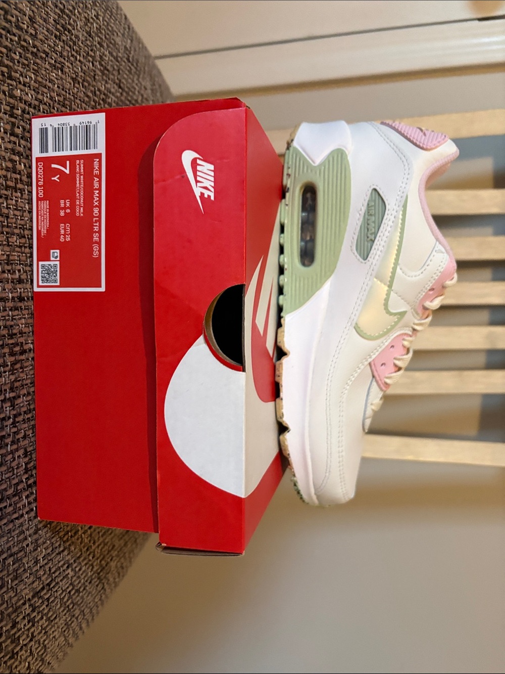 Nike White Pink and Sage Green Air Max 90